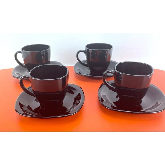 Vintage 1980s demitasses and saucers set, square black glass, Arcoroc France - Picture 6 of 10